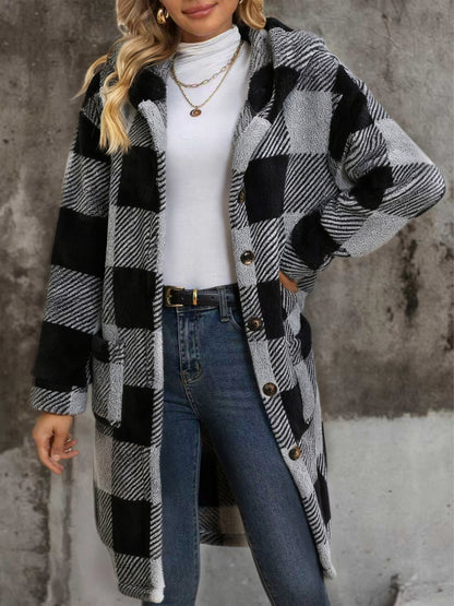 Popular European and American Women's Fashion: New Autumn/Winter Black and White Checkered Double-Sided Plush Hooded Pocket Mid-Length Casual Coat