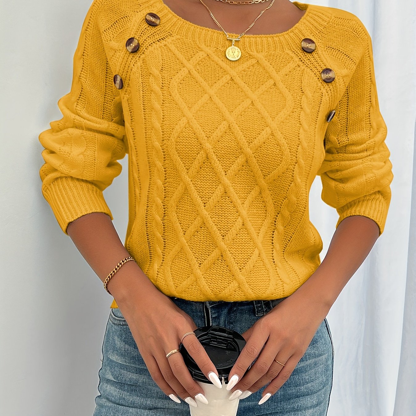 Elegant Square Neck Cable Knit Sweater with Lantern Sleeves