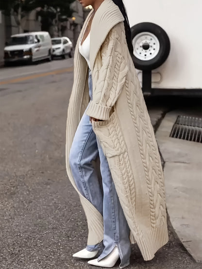 Directional Development of a Long Cardigan Sweater with a Large Collar And Chunky Cable for Spring, Autumn, And Winter.