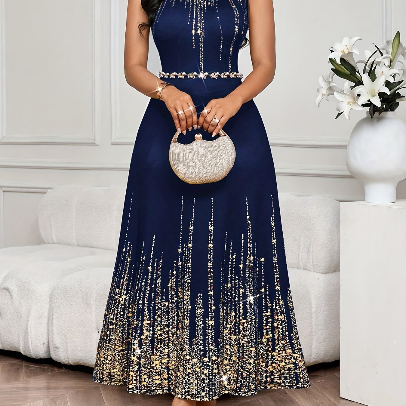 Elegant Navy & Gold Glitter Sleeveless Maxi Dress