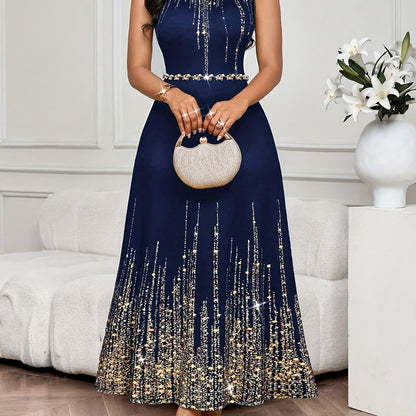 Elegant Navy & Gold Glitter Sleeveless Maxi Dress