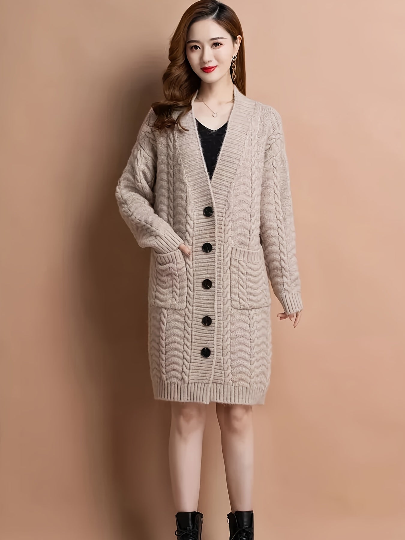 Women'S Button Coat with Pockets, V-Neck Cardigan, Basic Outerwear Top D041