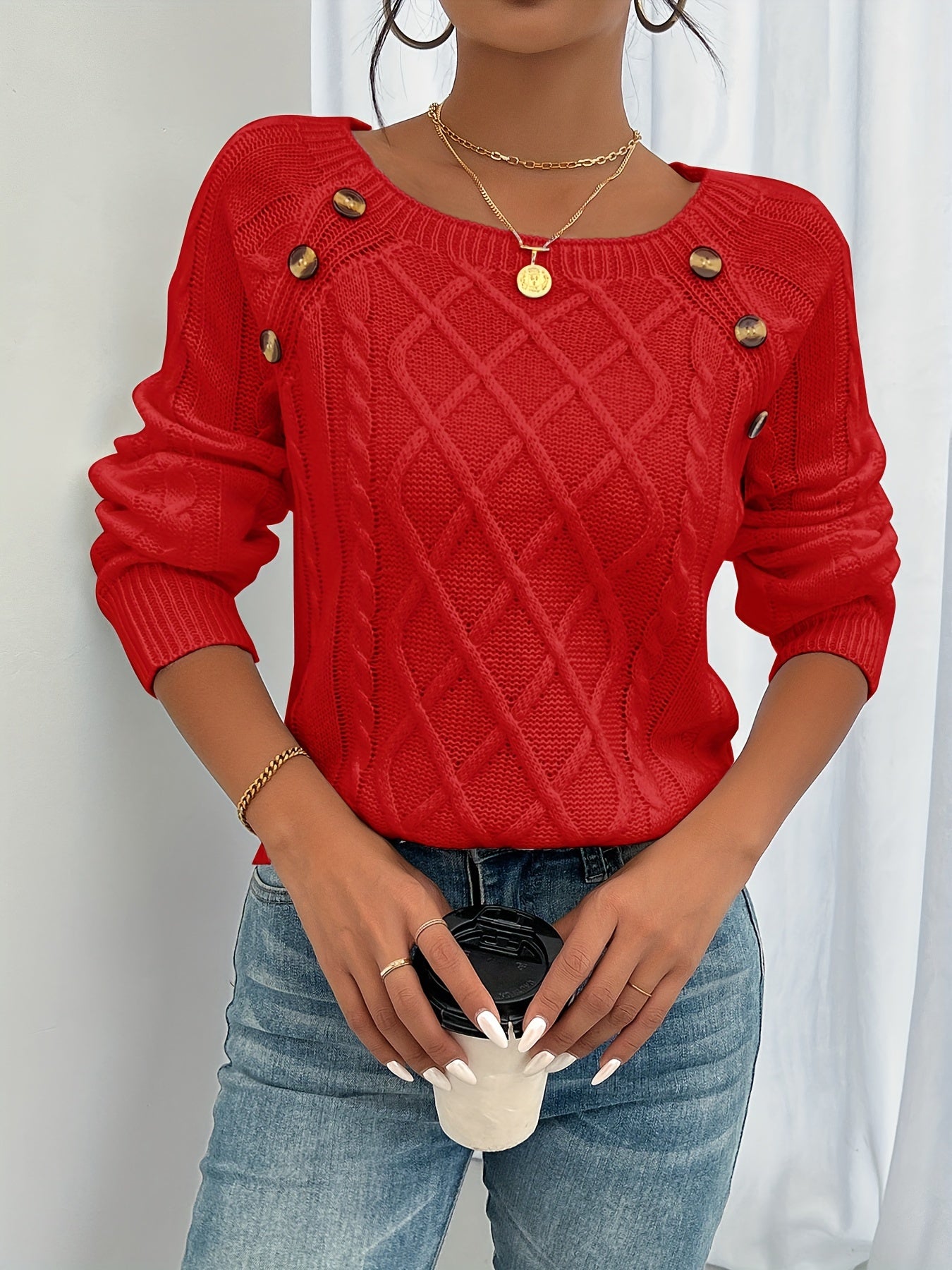 Women's Casual Square Neck Cable- Button-Front Sweater with Lantern Sleeves - Rich Red Medium Stretch Top for Fall Winter Layering, Sweater, Cozy Autumn Apparel, Winter Comfort Clothing, Textured Knitwear, Comfortable Fit
