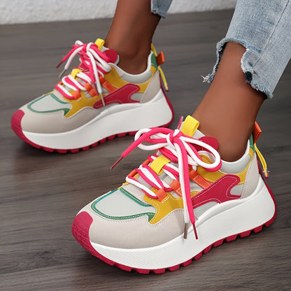 LYKU Women's 2024 Red Chunky Platform Lace-Up Dad Shoes - Low-Top  Sneakers with Thick PVC Sole, Breathable for height & Casual, Autumn Walking Shoes