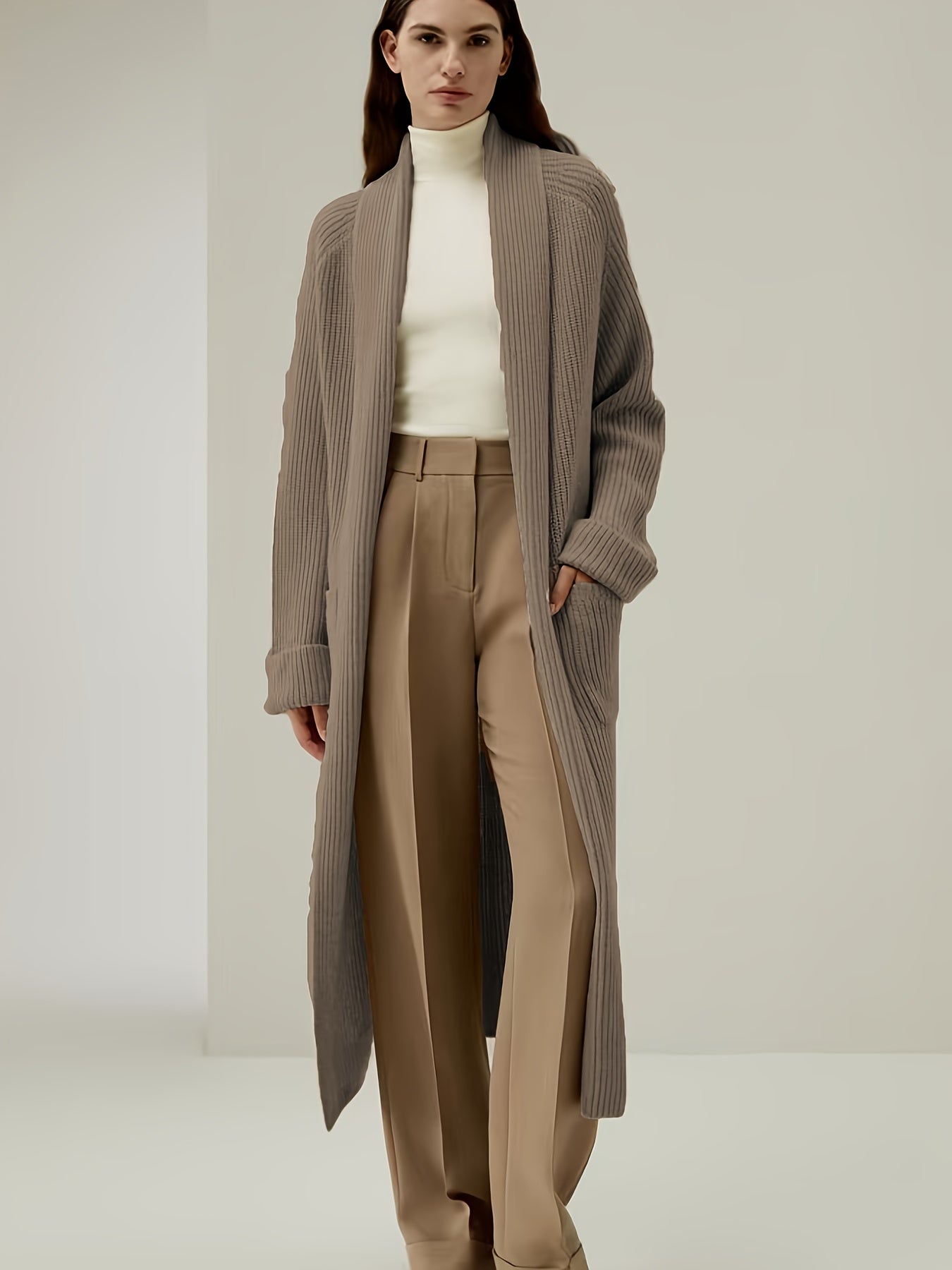 Khaki Long Cardigan for Women, Lazy Style Soft Ribbed Sweater Coat, Autumn Winter High-End Loose Outerwear
