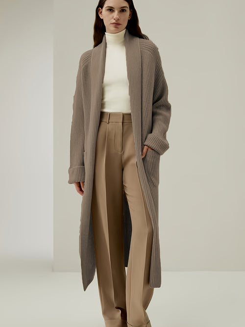 Khaki Long Cardigan for Women, Lazy Style Soft Ribbed Sweater Coat, Autumn Winter High-End Loose Outerwear