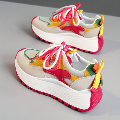 LYKU Women's 2024 Red Chunky Platform Lace-Up Dad Shoes - Low-Top  Sneakers with Thick PVC Sole, Breathable for height & Casual, Autumn Walking Shoes