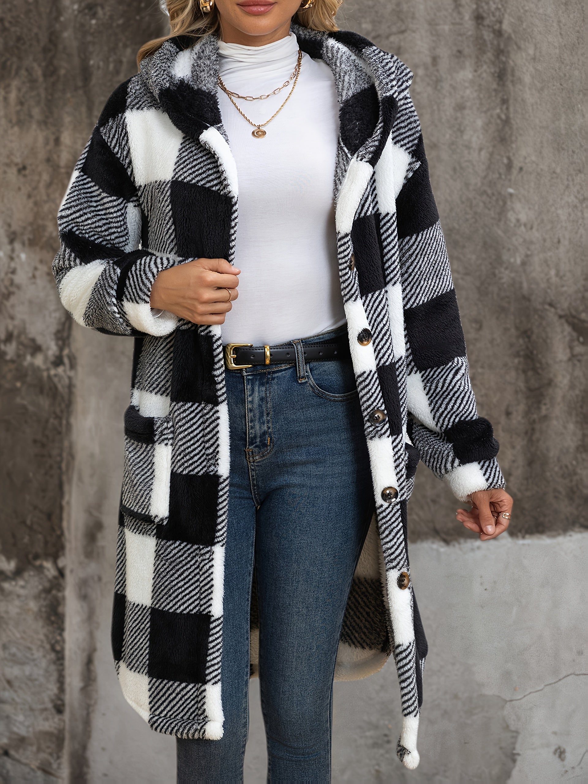 Popular European and American Women's Fashion: New Autumn/Winter Black and White Checkered Double-Sided Plush Hooded Pocket Mid-Length Casual Coat