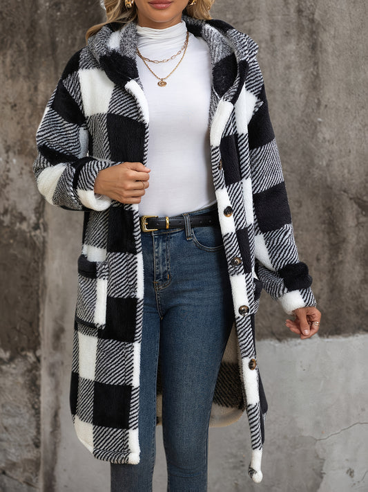 Popular European and American Women's Fashion: New Autumn/Winter Black and White Checkered Double-Sided Plush Hooded Pocket Mid-Length Casual Coat