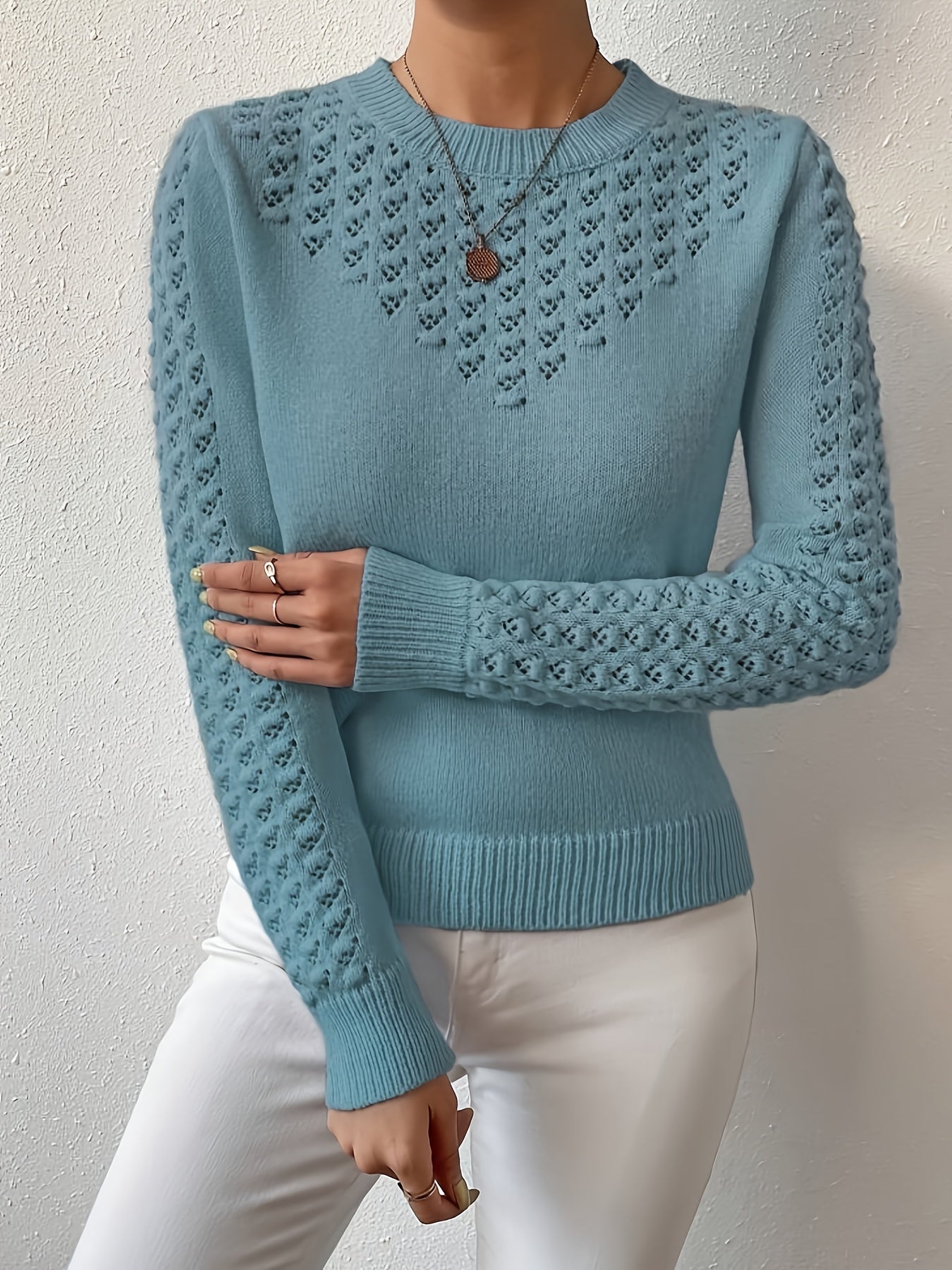 Women'S Light Sweater - Soft Round Neck Pullover with Geometric Pattern, Chic Office to Party Outfit, All-Season Everyday & Formal Wear, Elegant Women'S Sweater For Year-round Style, Ladies Sweaters, Casual Wear, Durable Construction, Stylish Top