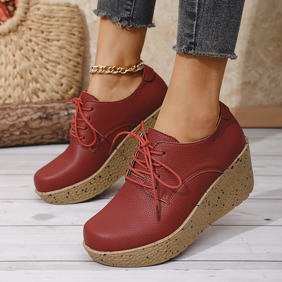Spring And Autumn Stylish Casual Wedge Shoes with Comfortable Platform, Thick-Soled Lace-Up Sneakers for All Seasons.