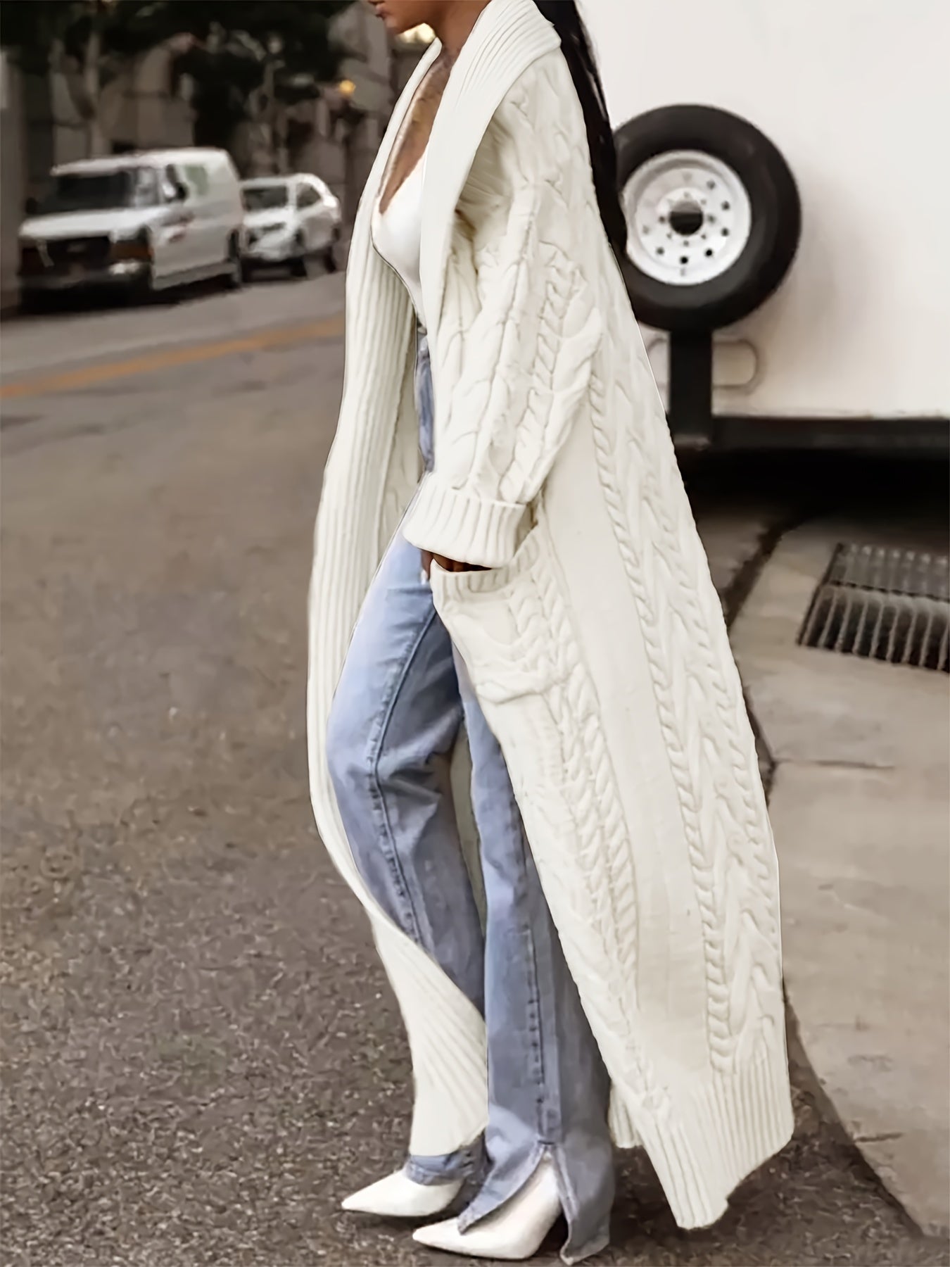 Directional Development of a Long Cardigan Sweater with a Large Collar And Chunky Cable for Spring, Autumn, And Winter.