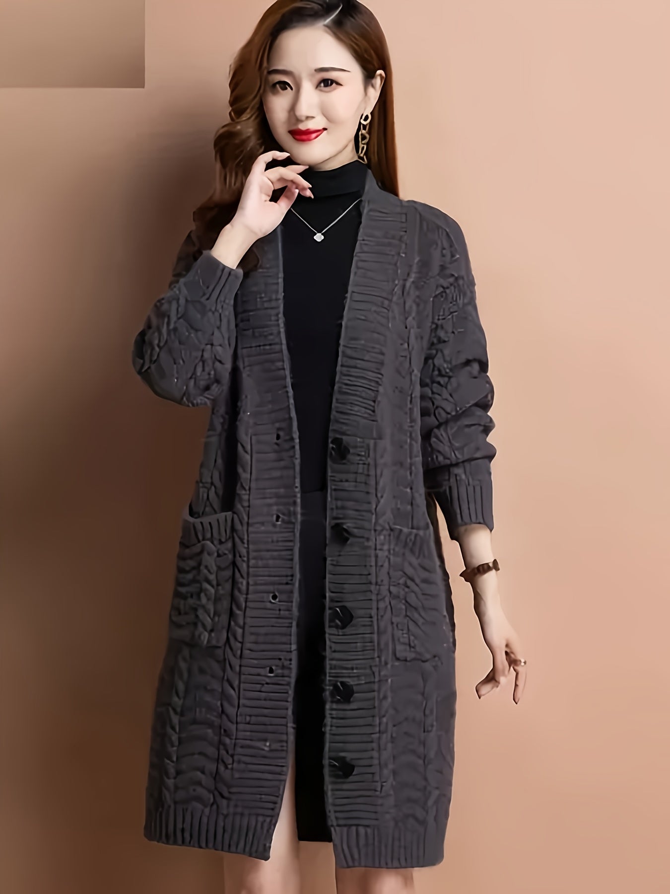 Women'S Button Coat with Pockets, V-Neck Cardigan, Basic Outerwear Top D041