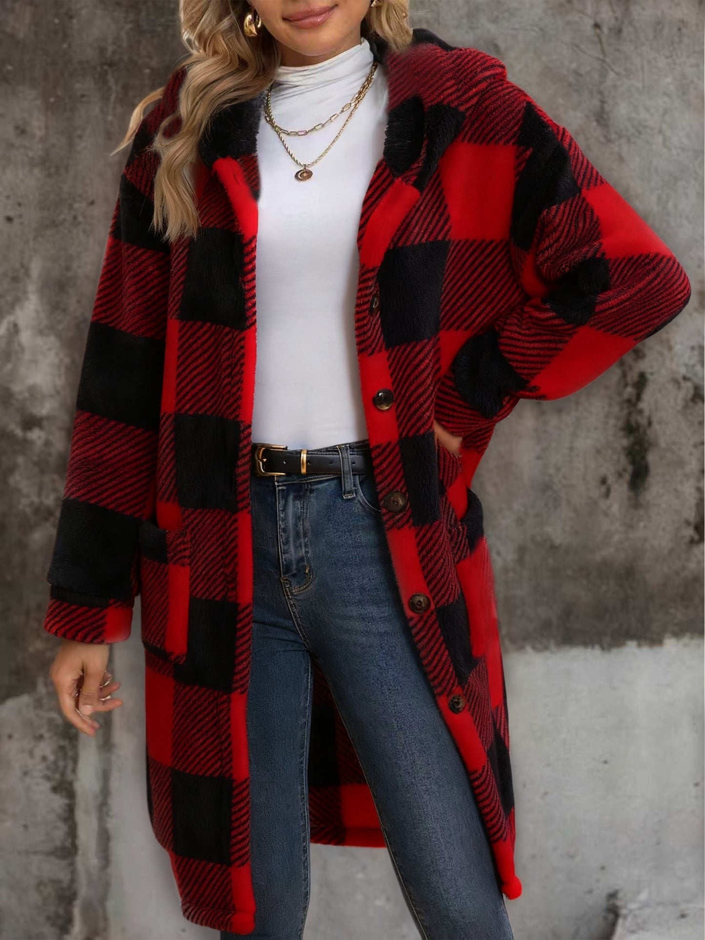 Popular European and American Women's Fashion: New Autumn/Winter Black and White Checkered Double-Sided Plush Hooded Pocket Mid-Length Casual Coat