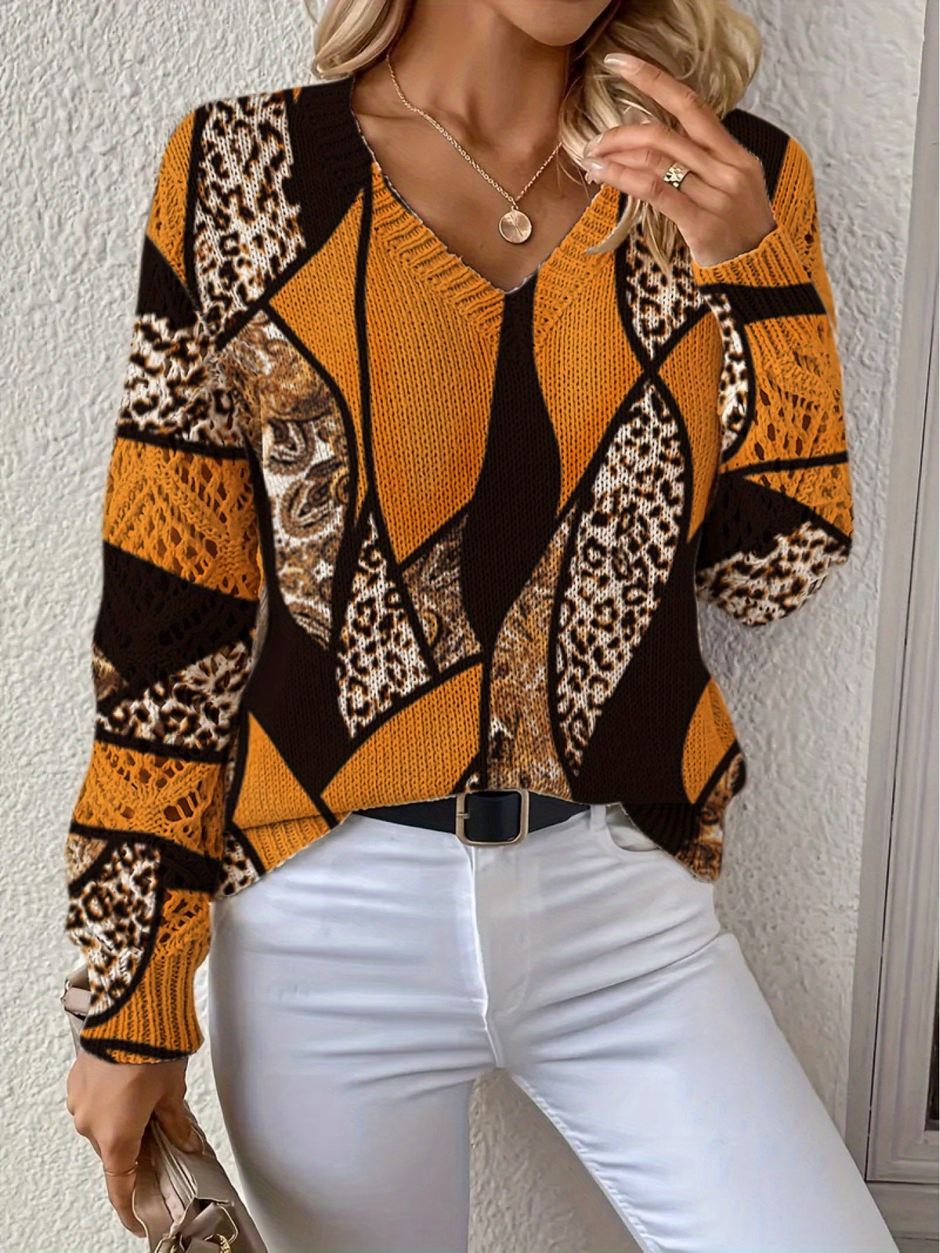 Elegant All-Season Bohemian Fashionable Versatile Pullover V Neck Long Sleeve Women's Top with Floral Pattern Flat Digital Print, Full-Piece Knitwear for Office Wear Street Style Home Outings