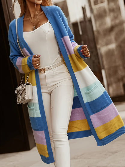Women'S Color Block V-Neck Long Sleeve Cardigan - Casual Open Front Sweater with Pockets, Lightweight Spring/Fall Layering Piece for Casual Attire, Sweater Cardigan