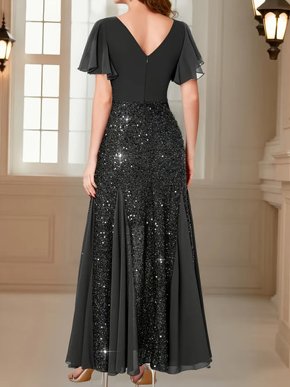 Elegant Mermaid Evening Gown - V-Neck A-Line -Length Wedding Dress with Sequin Sleeve & Hem, Sparkling Prom Dress for Bridesmaids, Prom, Galas - Hand Washable Formal Party Dress (No Parts)