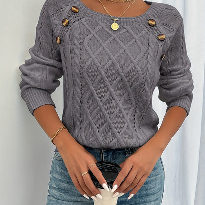 Elegant Square Neck Cable Knit Sweater with Lantern Sleeves
