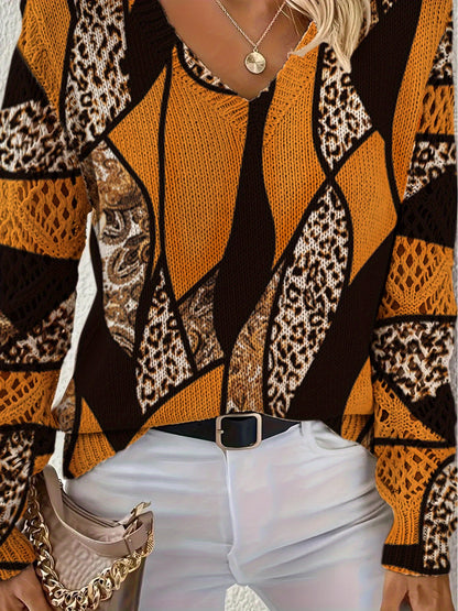 Elegant All-Season Bohemian Fashionable Versatile Pullover V Neck Long Sleeve Women's Top with Floral Pattern Flat Digital Print, Full-Piece Knitwear for Office Wear Street Style Home Outings