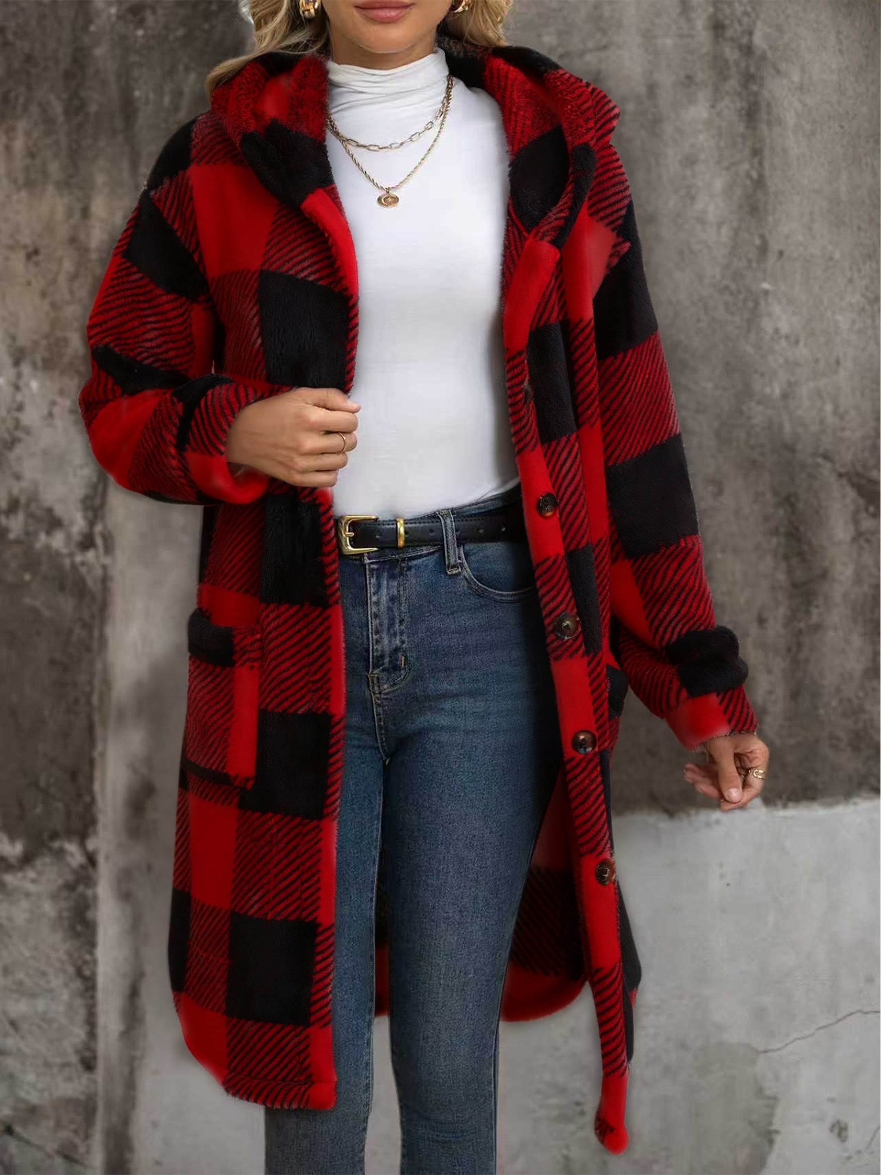 Popular European and American Women's Fashion: New Autumn/Winter Black and White Checkered Double-Sided Plush Hooded Pocket Mid-Length Casual Coat