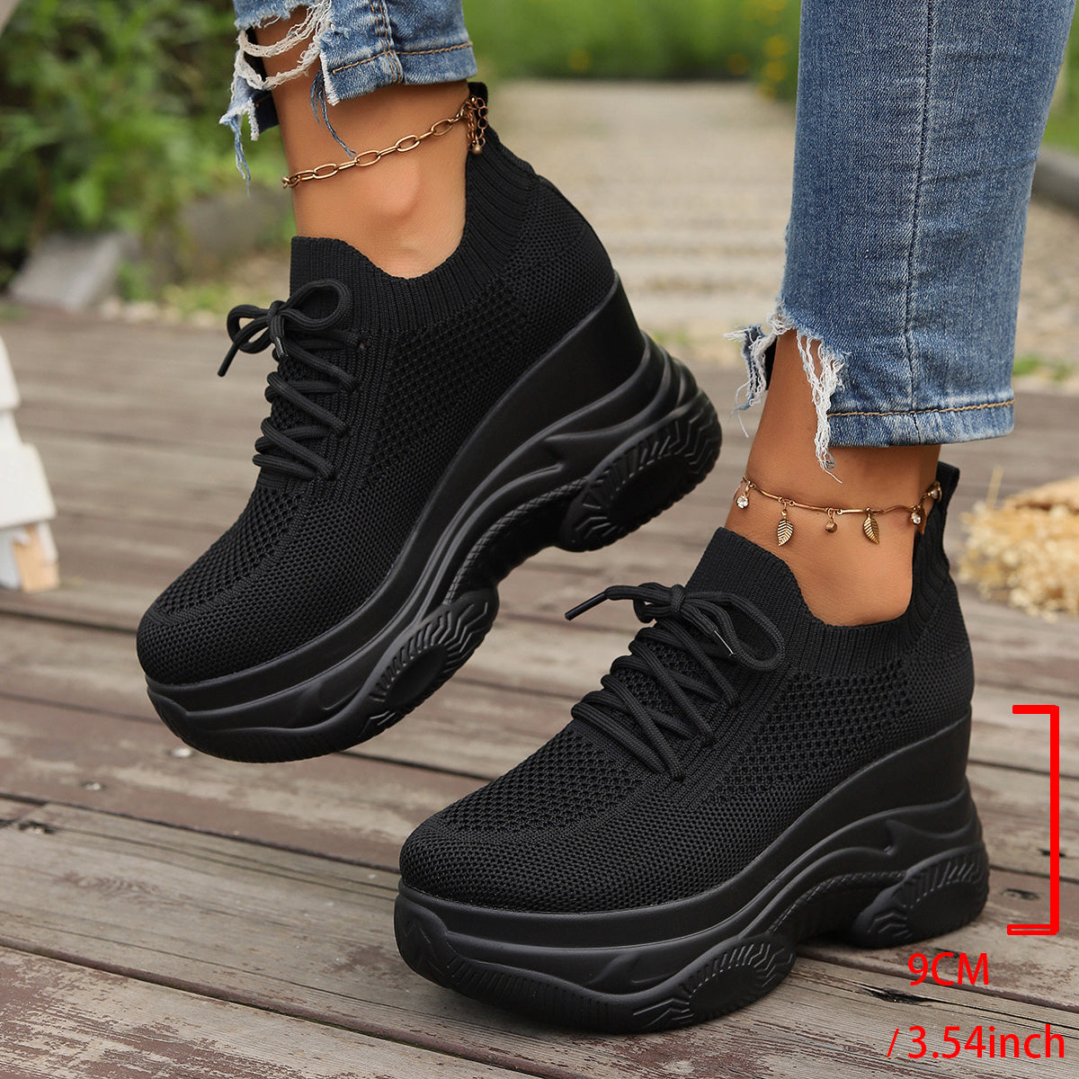 Women'S Fashion Casual Sports Shoes, Wedge Platform Lace-Up Height Increase Breathable Lace-Up Outerwear Sneakers, Rubber Sole, Fabric Upper, All-Season Wear, Casual Style, Positioning Printing, High Top, Plain Toe, Fabric Insole and Inner Material, Fabric Upper Materia