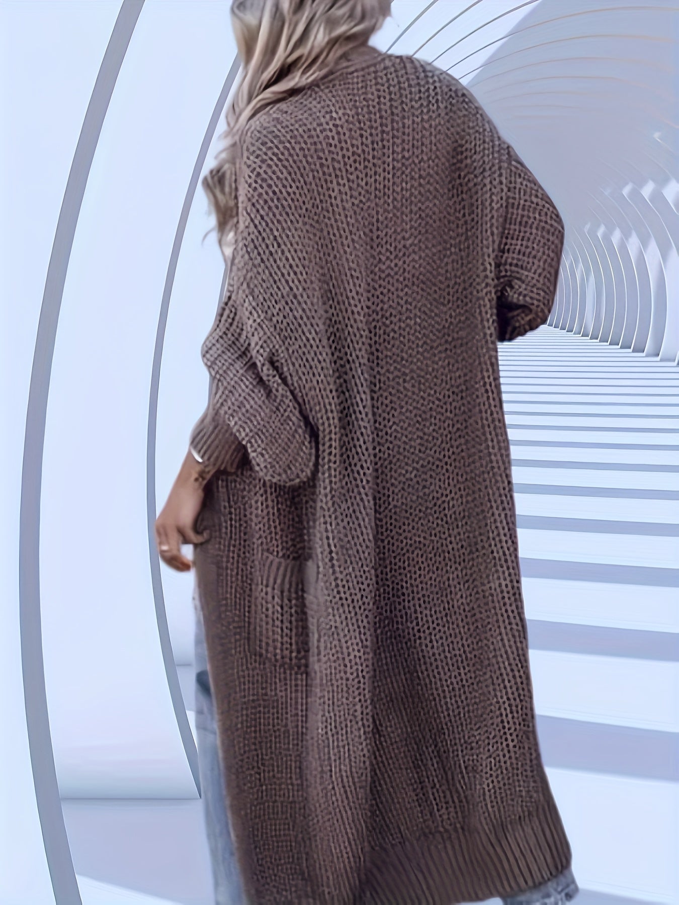 Women's Autumn-Winter Elegant Mid-Length Knee-Length Loose Fit Pocket Sweater Cardigan with Long Sleeves