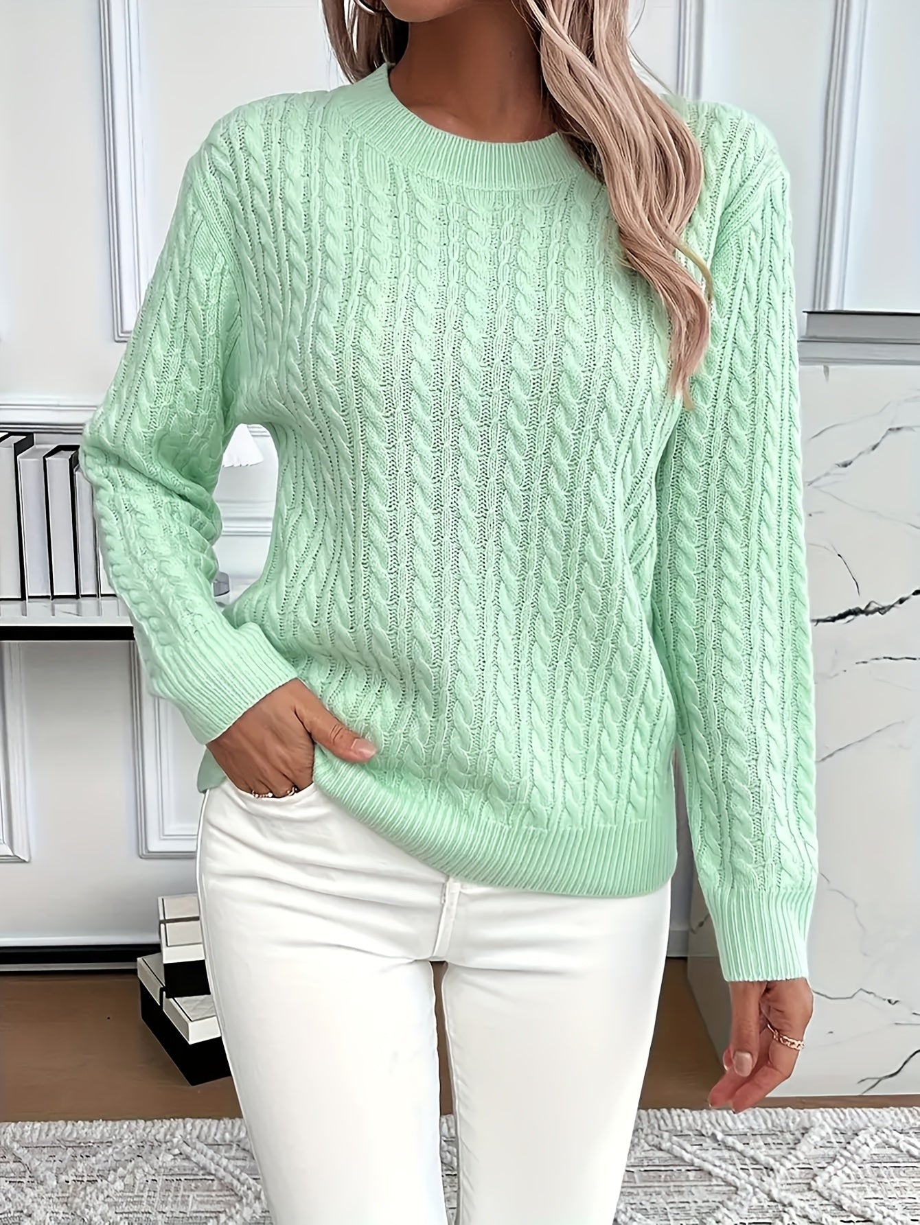 Women's Casual Loose-Fit Round Neck Long Sleeve Sweater - Medium Stretch Solid Color with Ribbed Detailing, H-Line Silhouette for Spring/Autumn Layering, Elegant Collection, Cute Sweater, Casual Attire, Comfortable Fit, Pullover Top, Stylish Women
