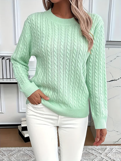 Women's Casual Loose-Fit Round Neck Long Sleeve Sweater - Medium Stretch Solid Color with Ribbed Detailing, H-Line Silhouette for Spring/Autumn Layering, Elegant Collection, Cute Sweater, Casual Attire, Comfortable Fit, Pullover Top, Stylish Women