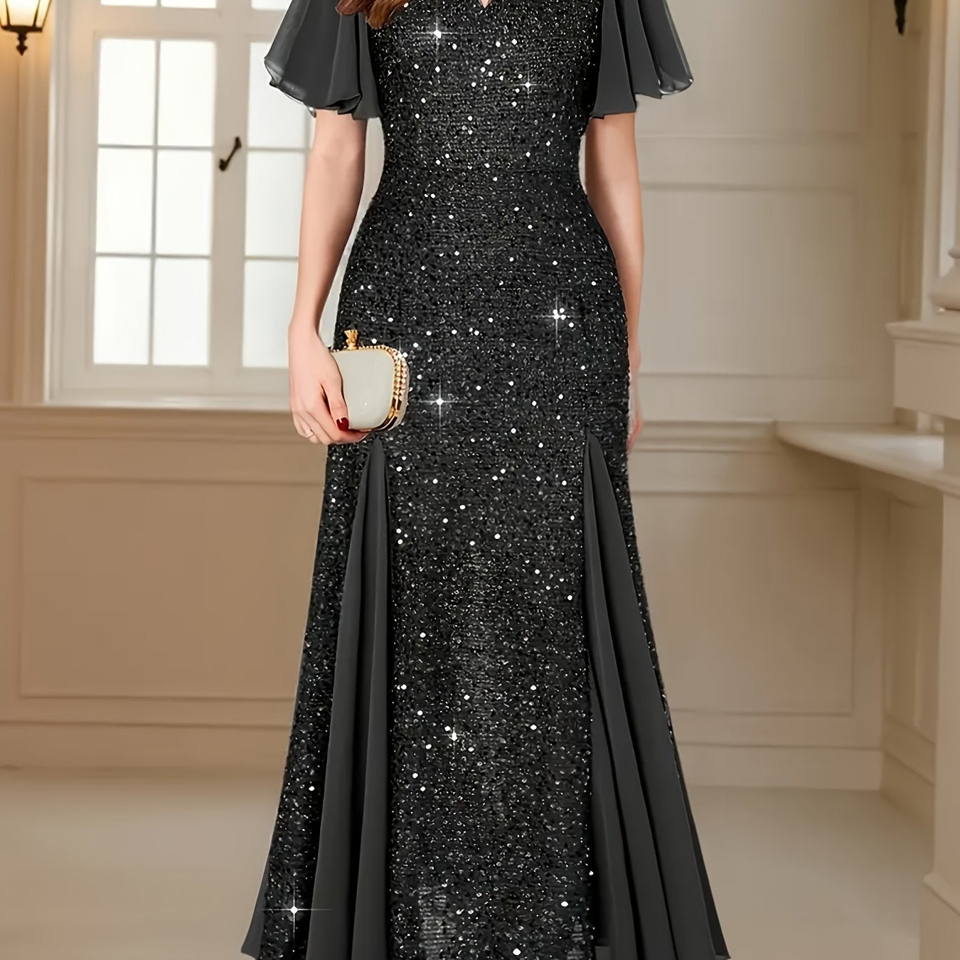 Elegant Sequin Mermaid Evening Gown - V-Neck A-Line