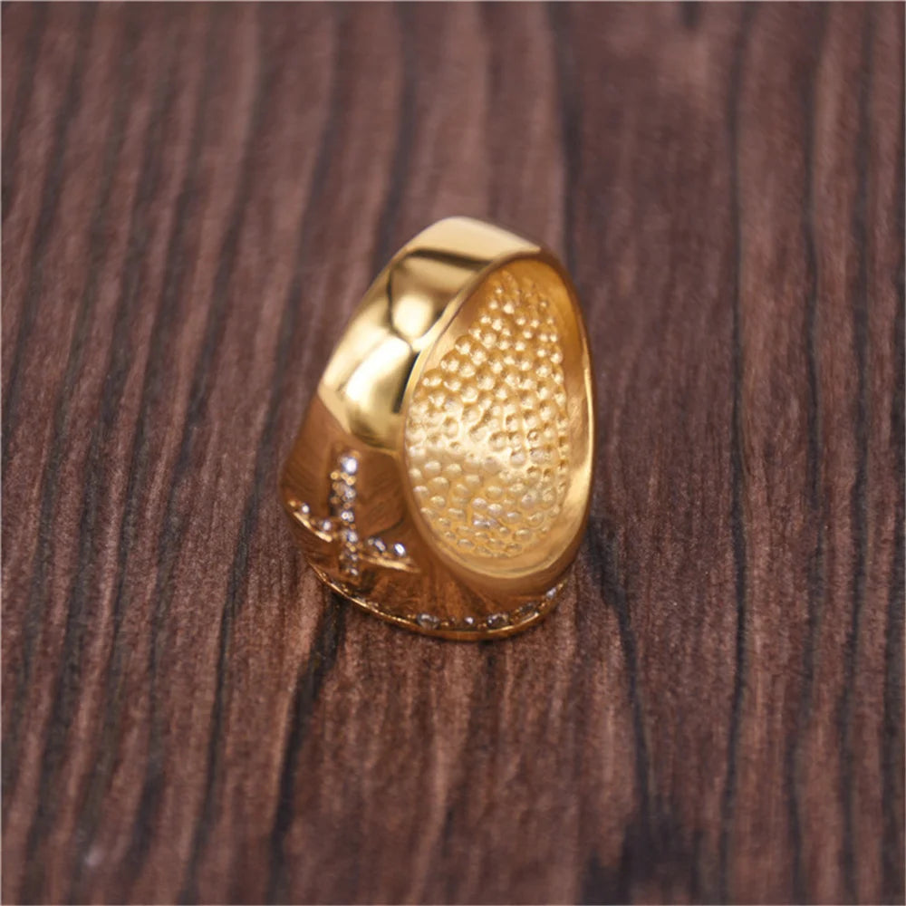 Hip Hop Iced Out Jesus Cross Ring Male Gold Color Stainless Steel Cubic Zirconia Christian Rings For Men Religious Jewelry Gift