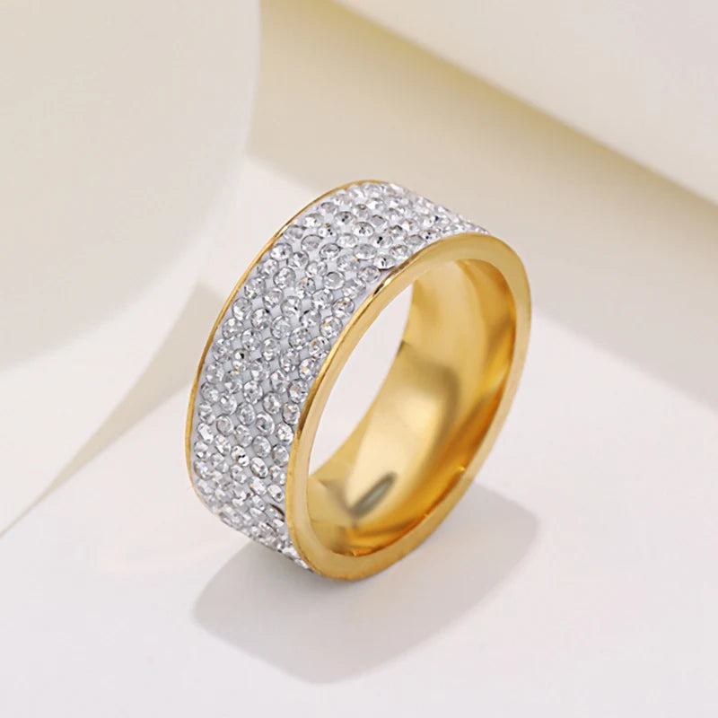 8mm Women's Full Rhinestone Shiny Wide Rings Stainless Steel Gold Silver Color for Men Hiphop Fashion Jewelry for Party WC029
