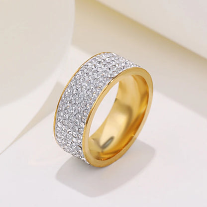 8mm Women's Full Rhinestone Shiny Wide Rings Stainless Steel Gold Silver Color for Men Hiphop Fashion Jewelry for Party WC029