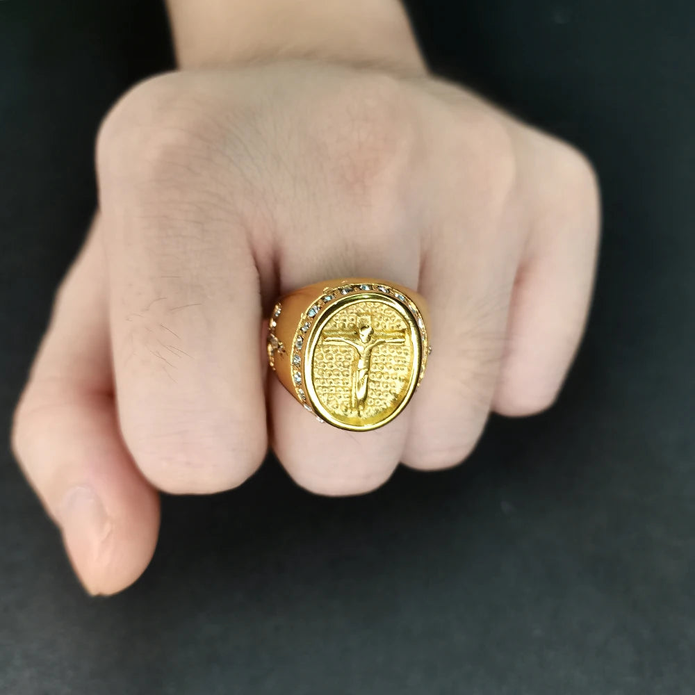 Hip Hop Iced Out Jesus Cross Ring Male Gold Color Stainless Steel Cubic Zirconia Christian Rings For Men Religious Jewelry Gift
