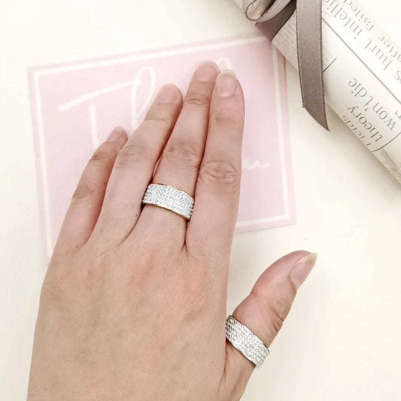 8mm Women's Full Rhinestone Shiny Wide Rings Stainless Steel Gold Silver Color for Men Hiphop Fashion Jewelry for Party WC029