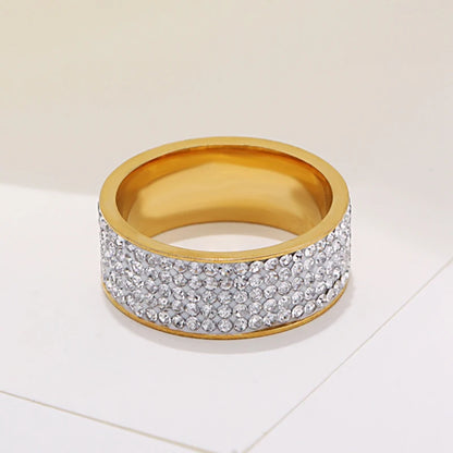 8mm Women's Full Rhinestone Shiny Wide Rings Stainless Steel Gold Silver Color for Men Hiphop Fashion Jewelry for Party WC029