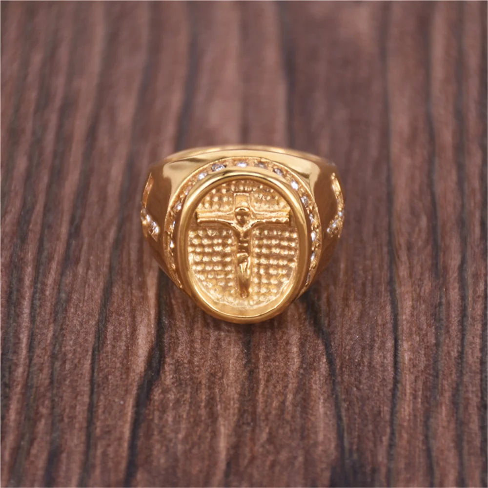 Hip Hop Iced Out Jesus Cross Ring Male Gold Color Stainless Steel Cubic Zirconia Christian Rings For Men Religious Jewelry Gift