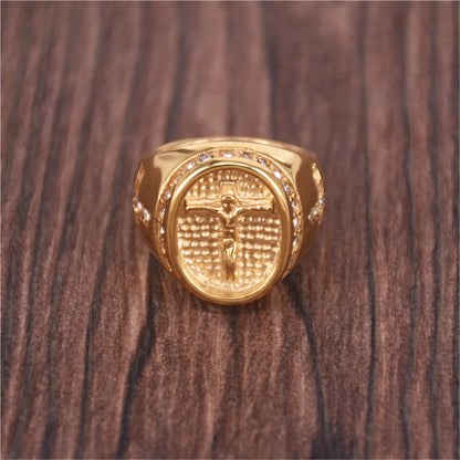 Hip Hop Iced Out Jesus Cross Ring Male Gold Color Stainless Steel Cubic Zirconia Christian Rings For Men Religious Jewelry Gift
