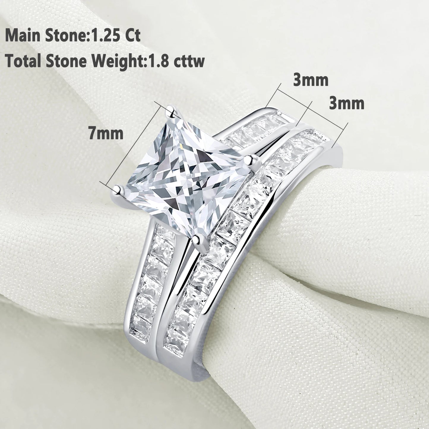 Newshe 2 Pieces Classic Wedding Rings Set for Women 7*7mm Princess Cut AAAAA Zircon 925 Sterling Silver Engagement Ring Jewelry