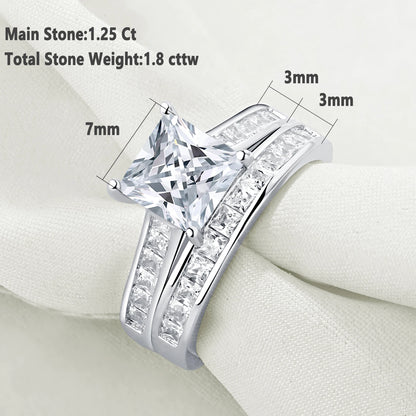 Newshe 2 Pieces Classic Wedding Rings Set for Women 7*7mm Princess Cut AAAAA Zircon 925 Sterling Silver Engagement Ring Jewelry
