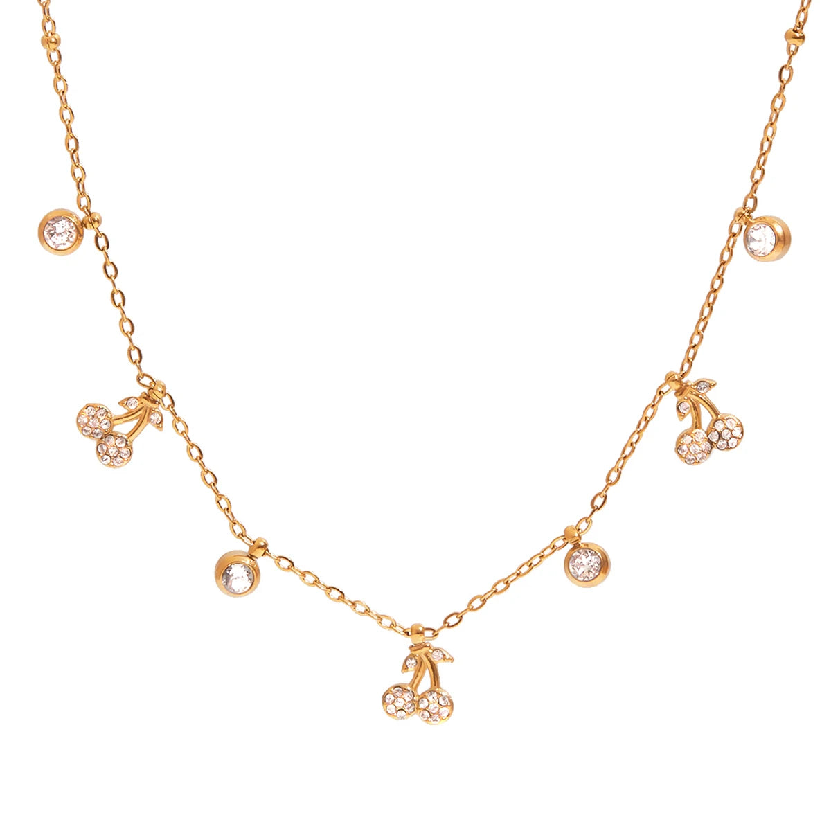 Youthway White Rhinestones Cherry Pendant Necklace For Gift 18K Gold Plated Stainless Steel Elegant Luxury Charm Pendant Jewelry