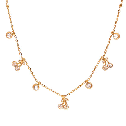 Youthway White Rhinestones Cherry Pendant Necklace For Gift 18K Gold Plated Stainless Steel Elegant Luxury Charm Pendant Jewelry