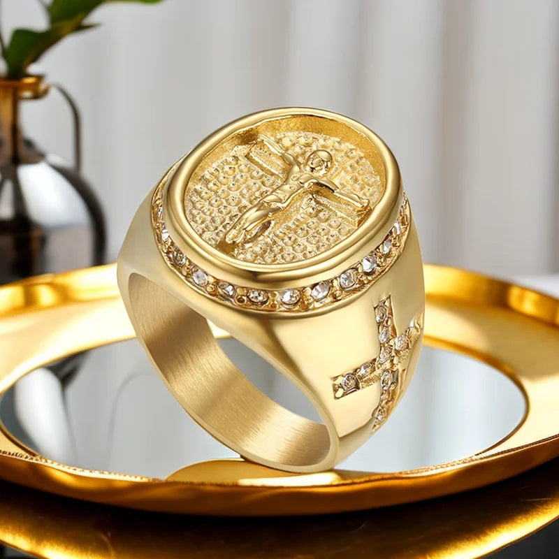 Hip Hop Iced Out Jesus Cross Ring Male Gold Color Stainless Steel Cubic Zirconia Christian Rings For Men Religious Jewelry Gift