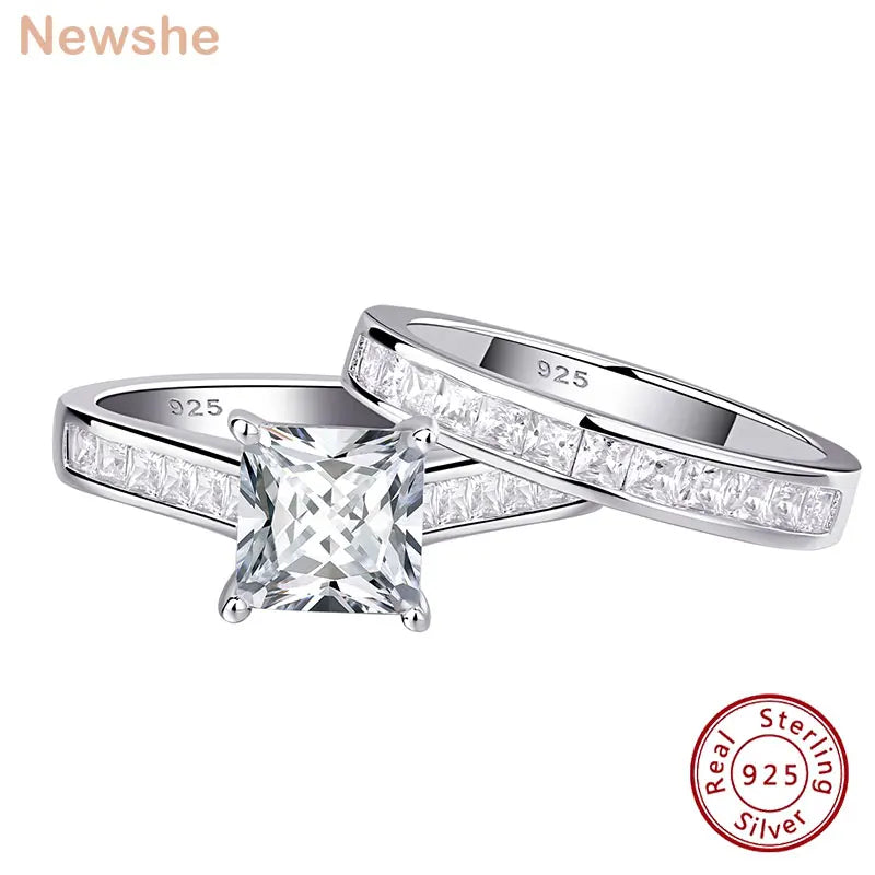 Newshe 2 Pieces Classic Wedding Rings Set for Women 7*7mm Princess Cut AAAAA Zircon 925 Sterling Silver Engagement Ring Jewelry