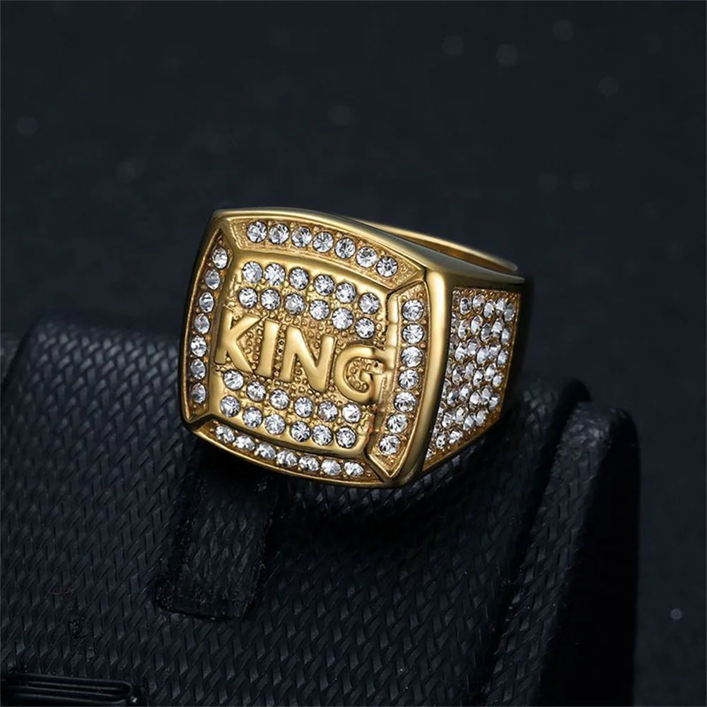 Hip Hop Iced Out Bling Big Letter King Ring Male Gold Color Stainless Steel Square Rings For Men Fashion Party Jewelry Gift