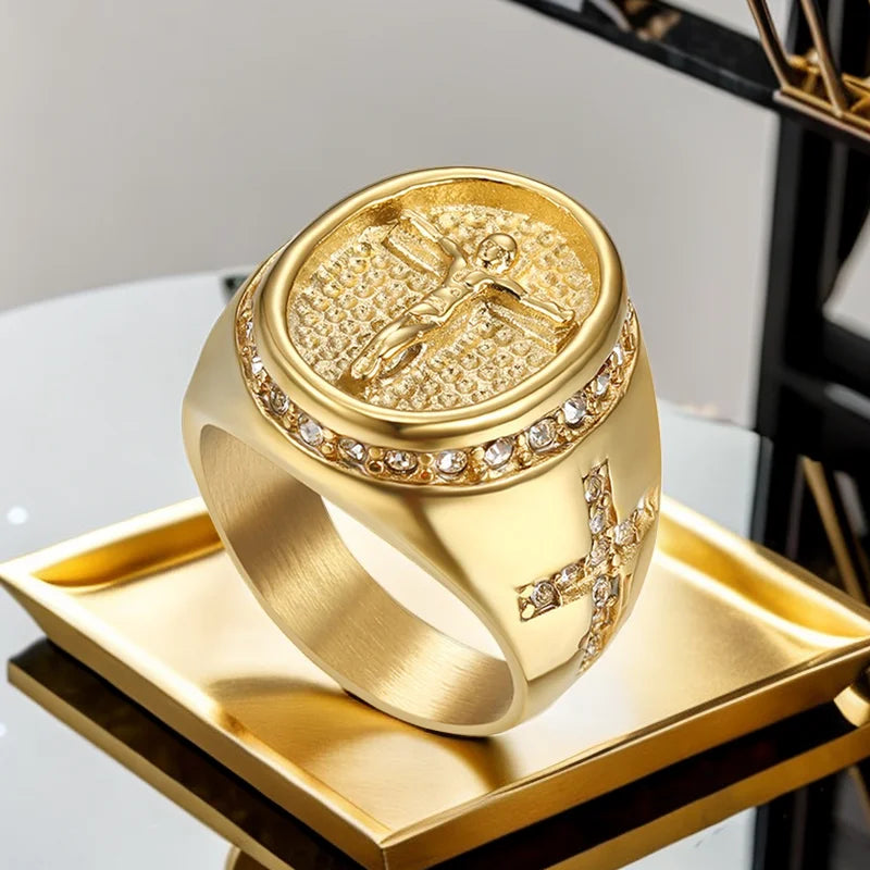 Hip Hop Iced Out Jesus Cross Ring Male Gold Color Stainless Steel Cubic Zirconia Christian Rings For Men Religious Jewelry Gift