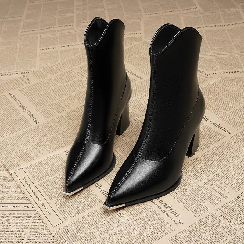 Women Leather Boots Luxury Pointed Brand Toe Chelsea Ankle Boots Trendy High Heels Zipper Goth Pumps Shoes French Women's Boots