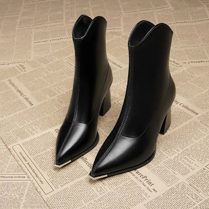 Women Leather Boots Luxury Pointed Brand Toe Chelsea Ankle Boots Trendy High Heels Zipper Goth Pumps Shoes French Women's Boots