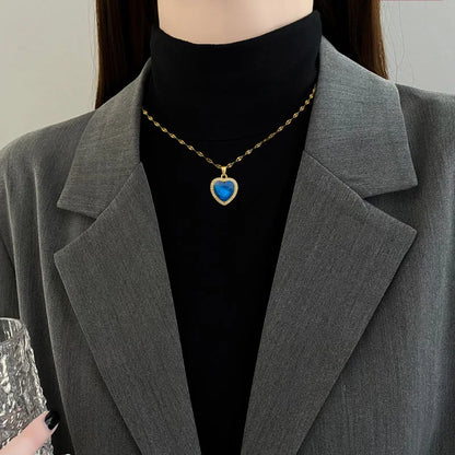 Women's 316L Stainless Steel Heart-Shaped Pendant Necklace with Big Blue Zircon Fashion Clavicle Chain Jewelry Gift for Girls
