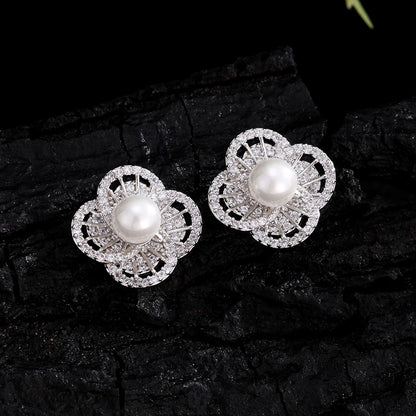 ZAKOL Luxury AAA Zircon Round Pearl Earrings for Women Irregular Stud Earring Temperament Wedding Party Jewelry