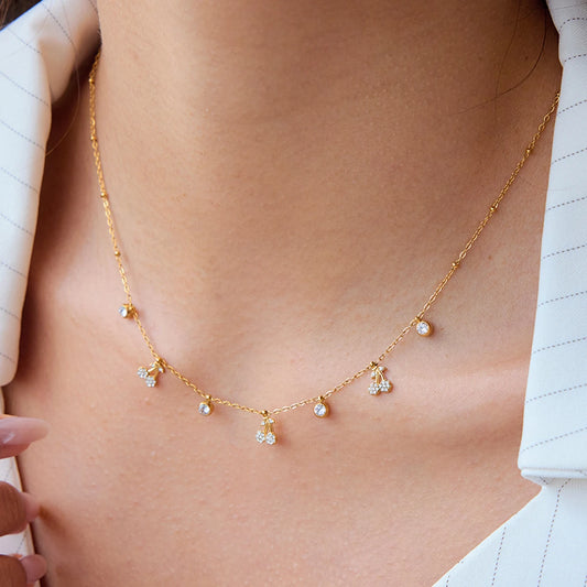 Youthway White Rhinestones Cherry Pendant Necklace For Gift 18K Gold Plated Stainless Steel Elegant Luxury Charm Pendant Jewelry